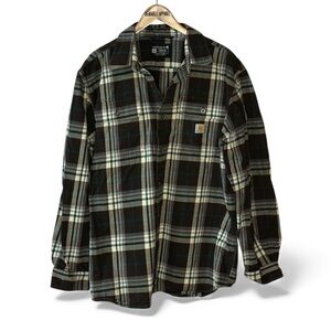 Carhartt Men's Large Black Plaid Western Snap Heavy Flannel Shirt Long Sleeve